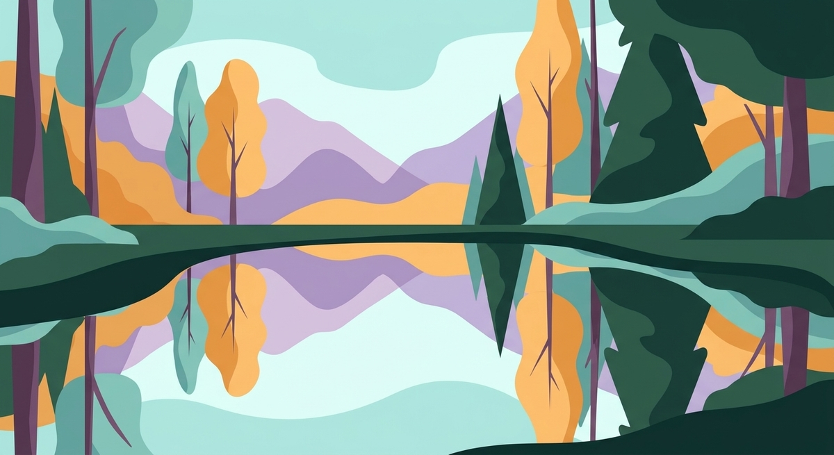 A calm puddle reflecting a vibrant green forest
