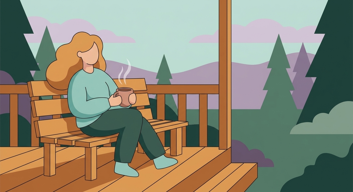 A person sitting peacefully on a porch holding a warm mug