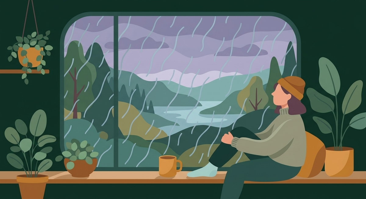 A person looking thoughtfully out a window on a gray overcast day