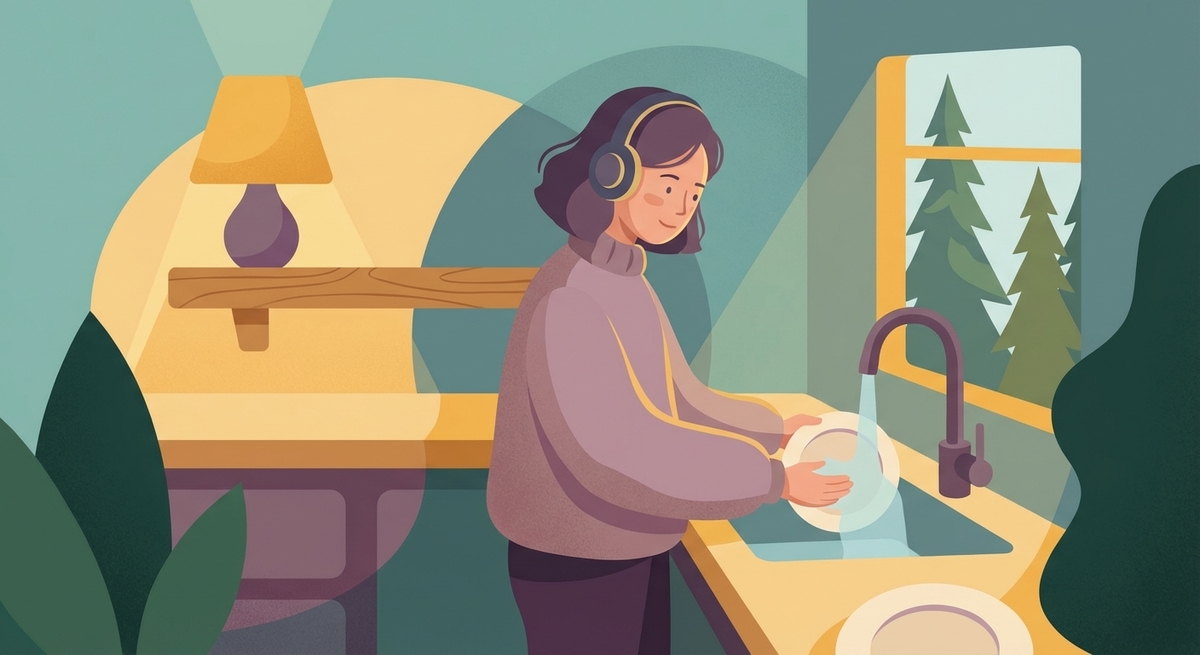 An adult using music and headphones as a sensory bridge to complete household chores.