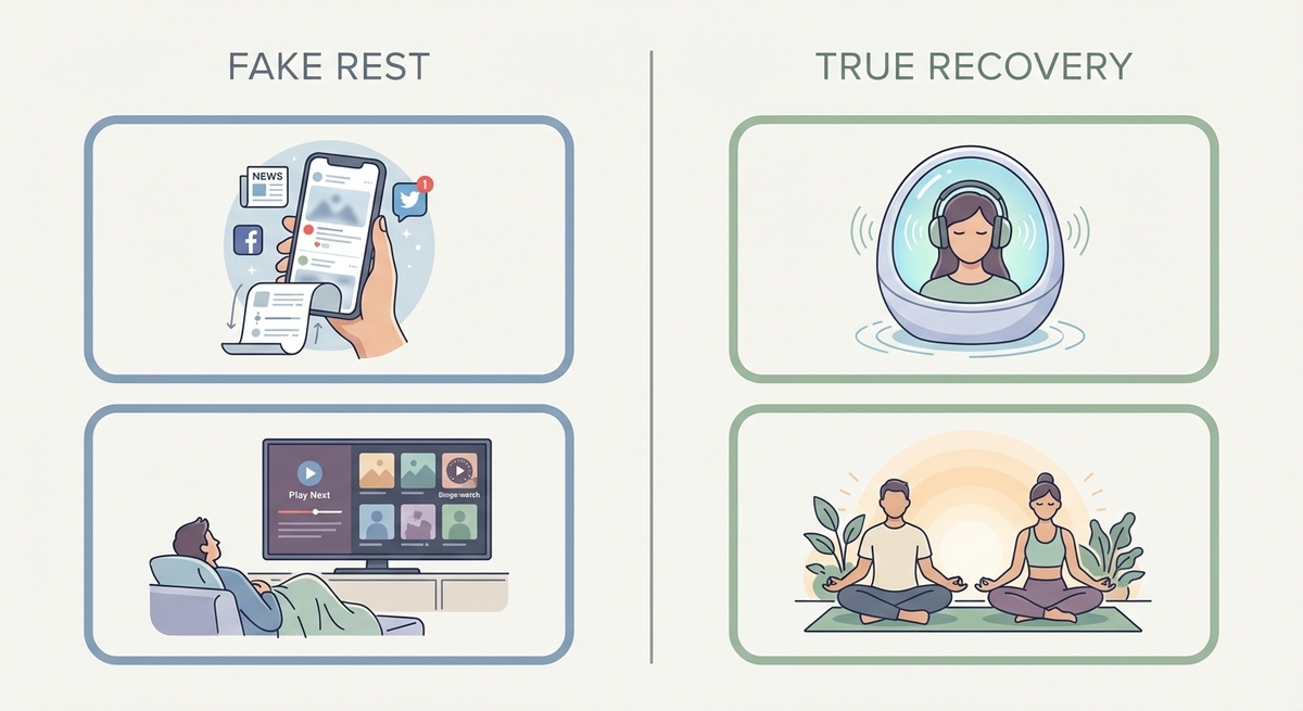 A chart comparing Fake Rest activities like doomscrolling to True Recovery activities like sensory regulation.
