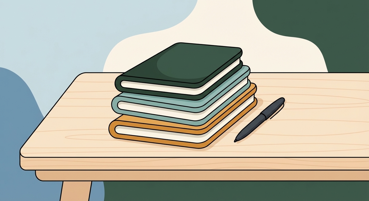 Organized journals and a pen resting on a clean, bright desk