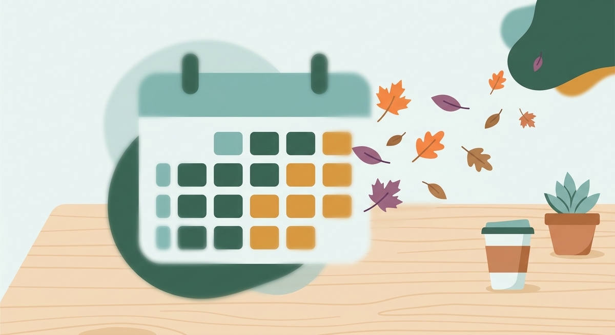 A desk calendar showing August fading into autumn leaves