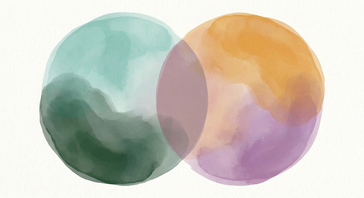 Two overlapping watercolor circles representing the intersection of queer and autistic identities.