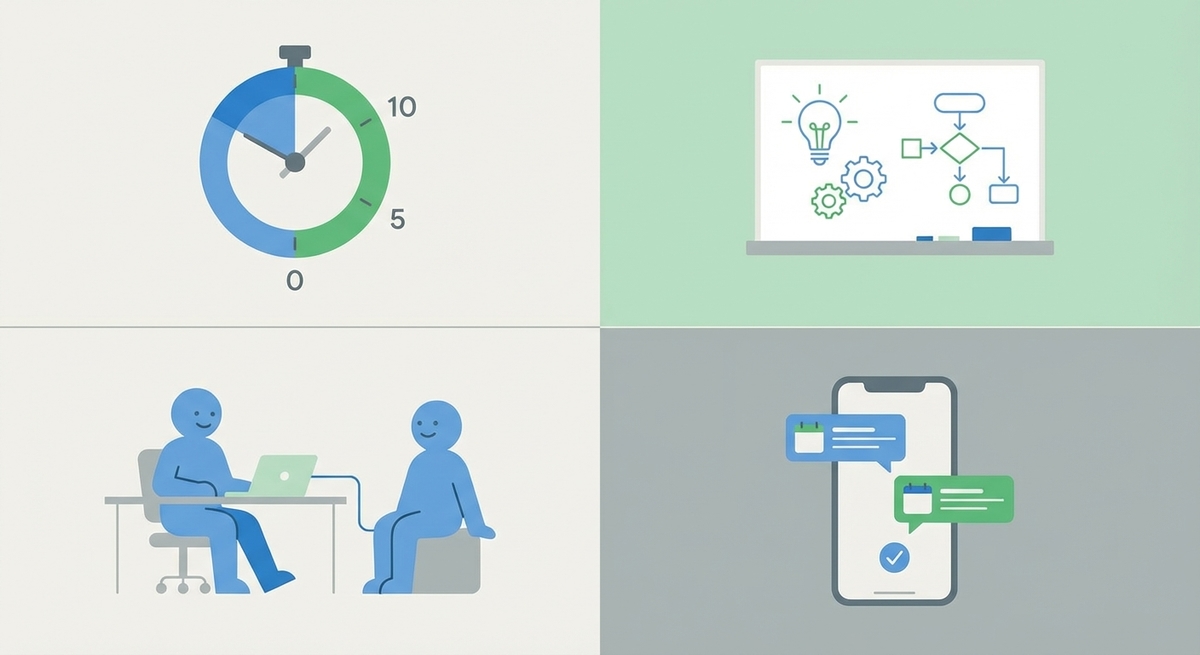 A set of four icons representing tools for executive function: a visual timer, a whiteboard, body doubling, and phone alerts.