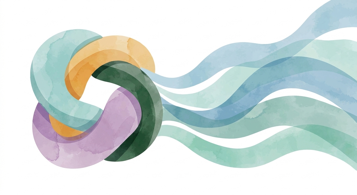 An abstract watercolor showing a tight knot unraveling into smooth waves