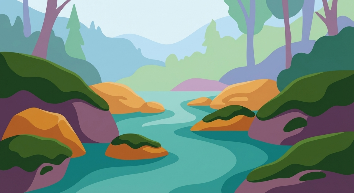 A gentle river flowing over smooth, moss-covered stones