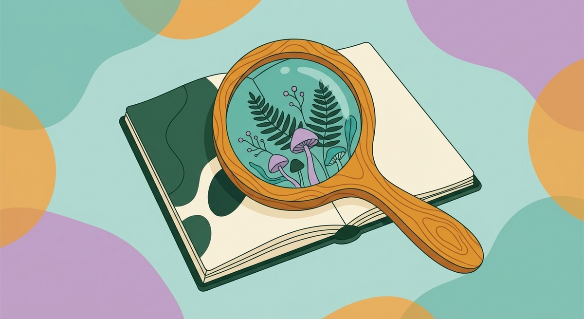 A magnifying glass resting on an open journal page