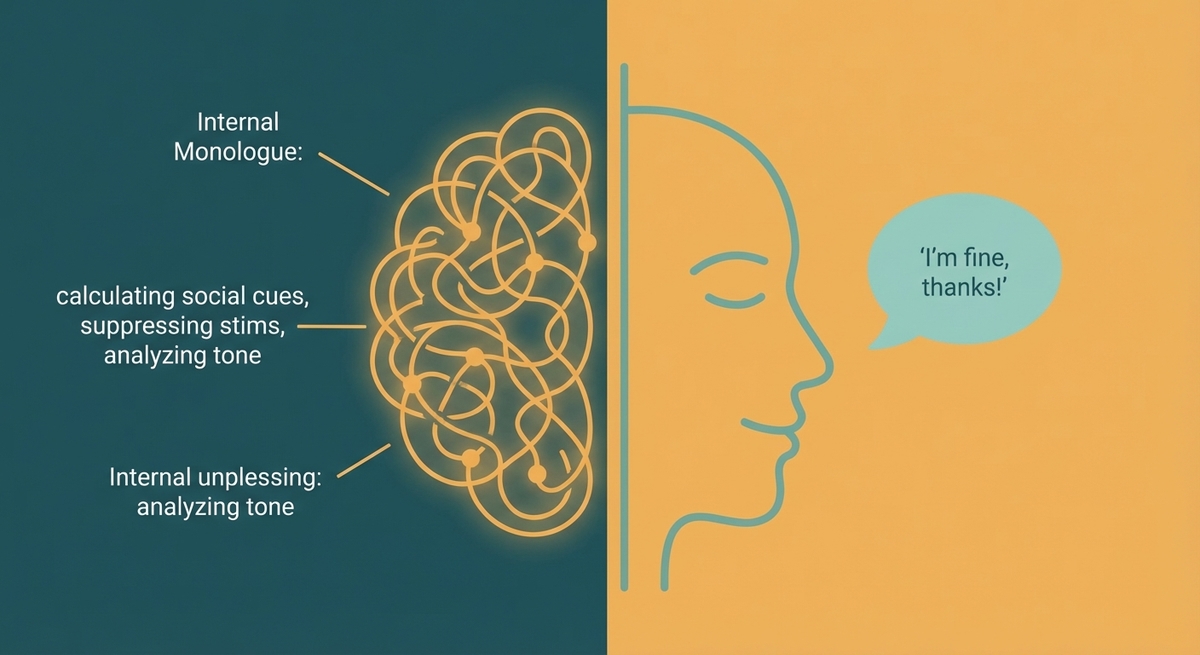 A split-view diagram contrasting a chaotic internal monologue with a simple, calm external social performance.