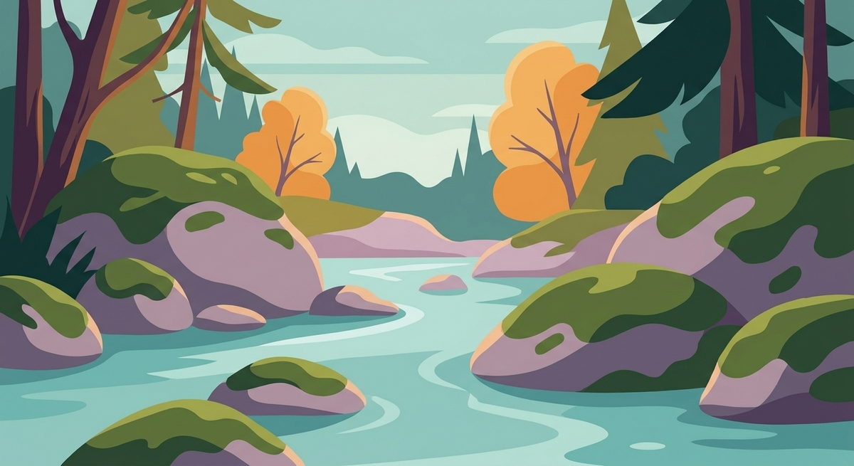 A calm river flowing smoothly and freely around large mossy stones