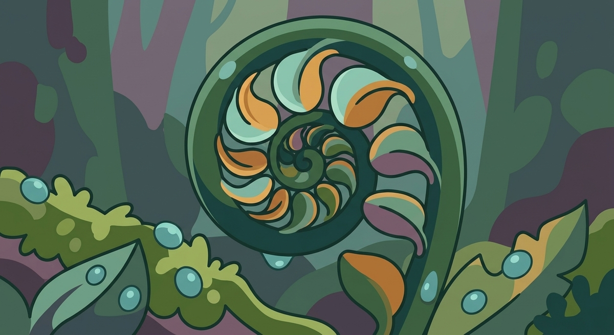 A tightly coiled green fern frond resting in a damp forest