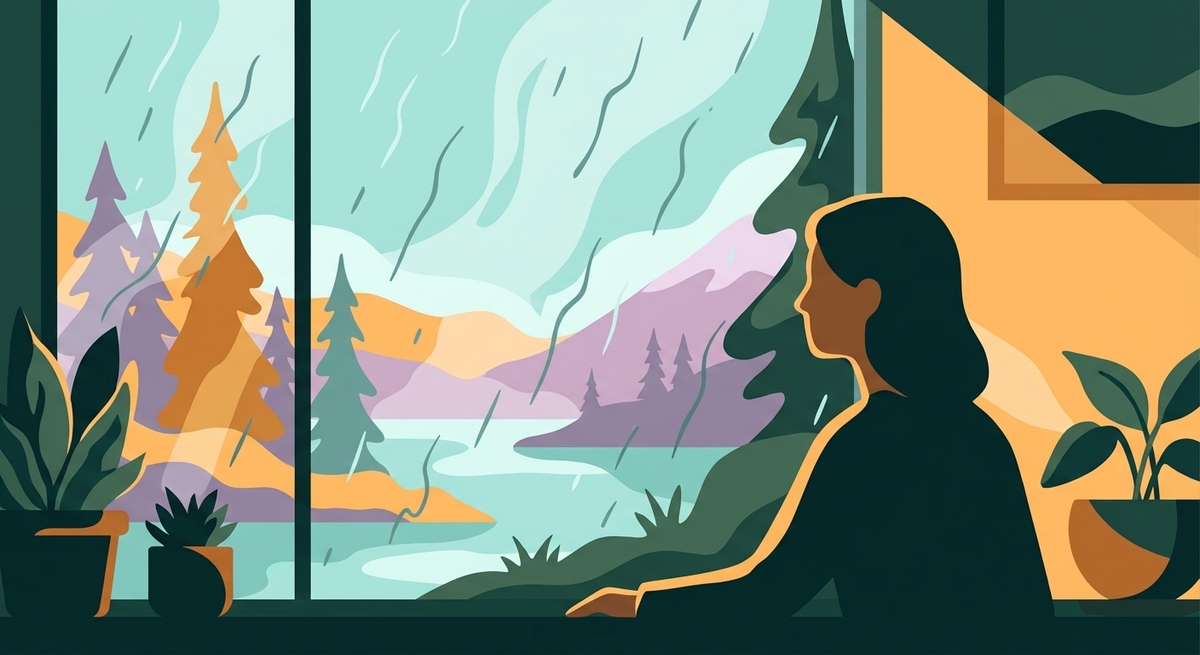 A person looking out a window at gentle rain