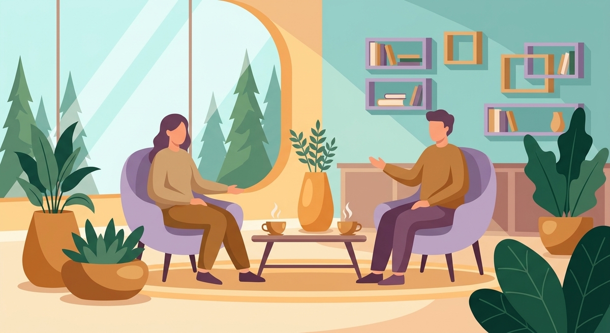 A clinician and client talking in a comfortable therapy room